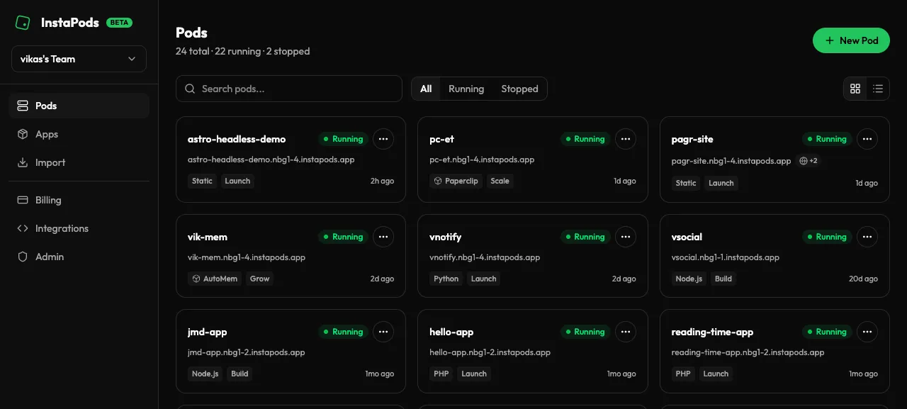 The InstaPods dashboard listing running pods across presets and plans