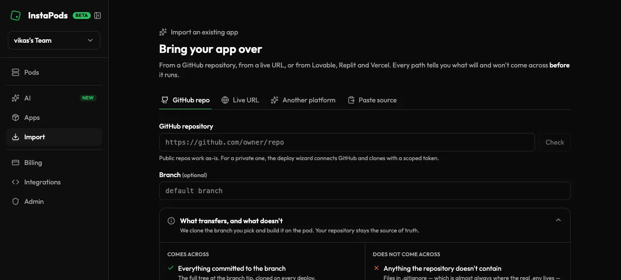 The InstaPods import screen with tabs for a GitHub repo, a live URL, another platform, and pasted source
