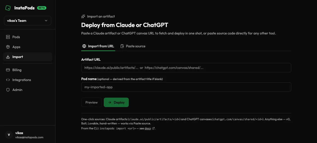 Deploy from a Claude artifact or ChatGPT canvas URL