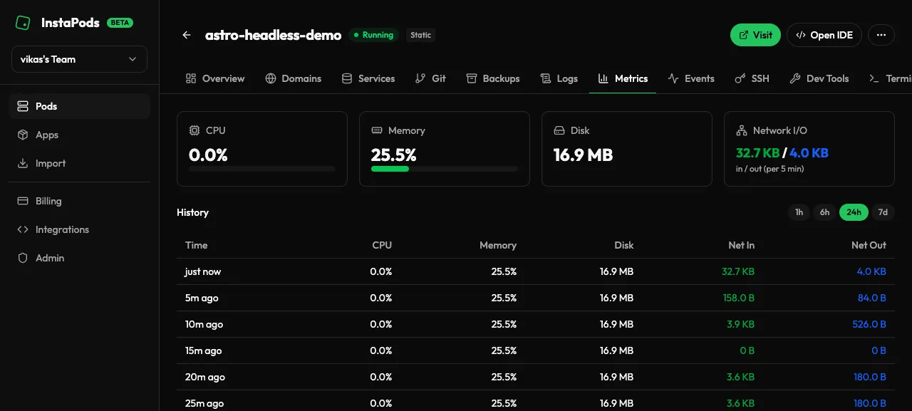 Live CPU, memory, disk, and network metrics for a pod
