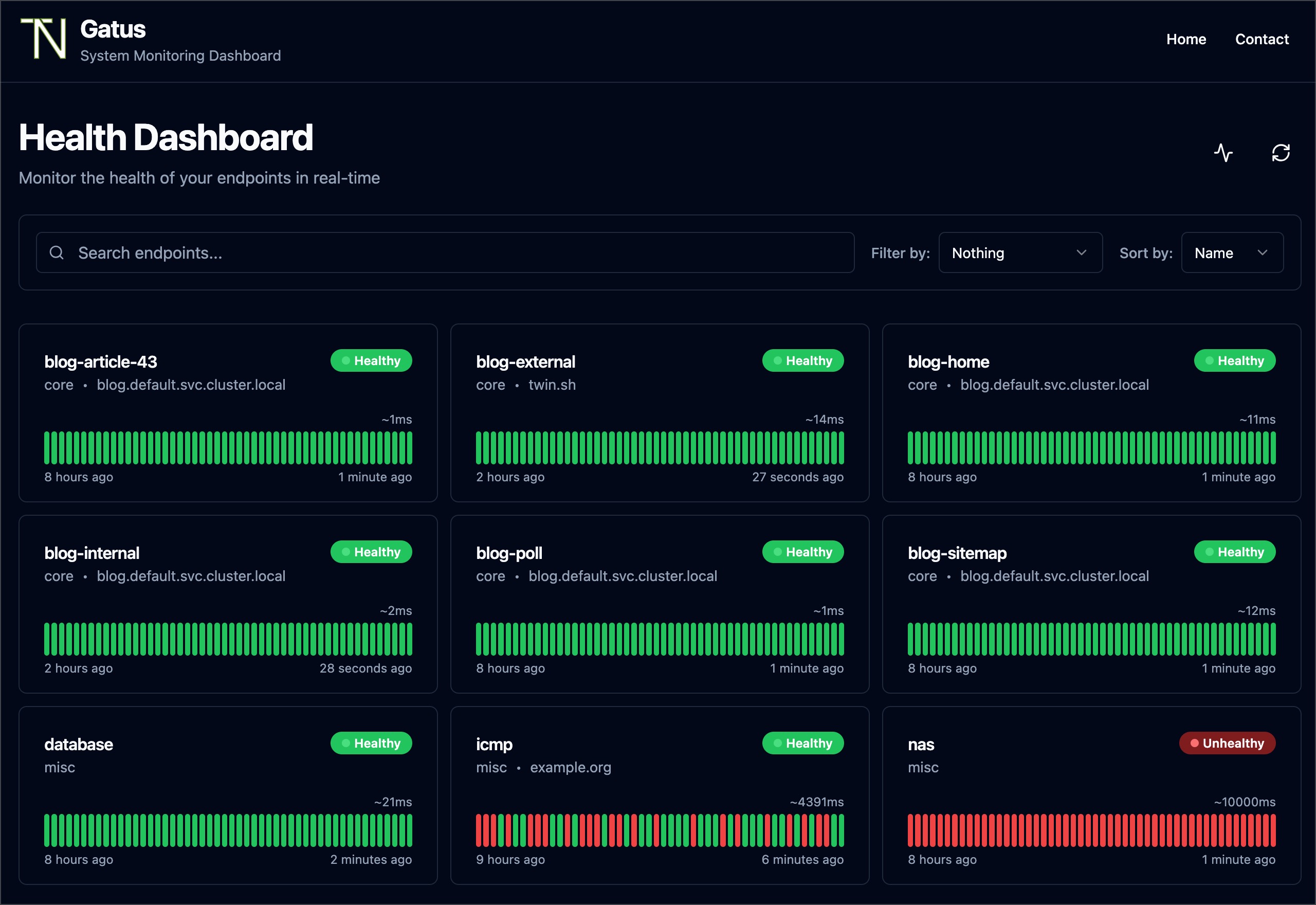 Gatus status dashboard showing a grid of services with color-coded health checks, response times, and pass/fail history bars