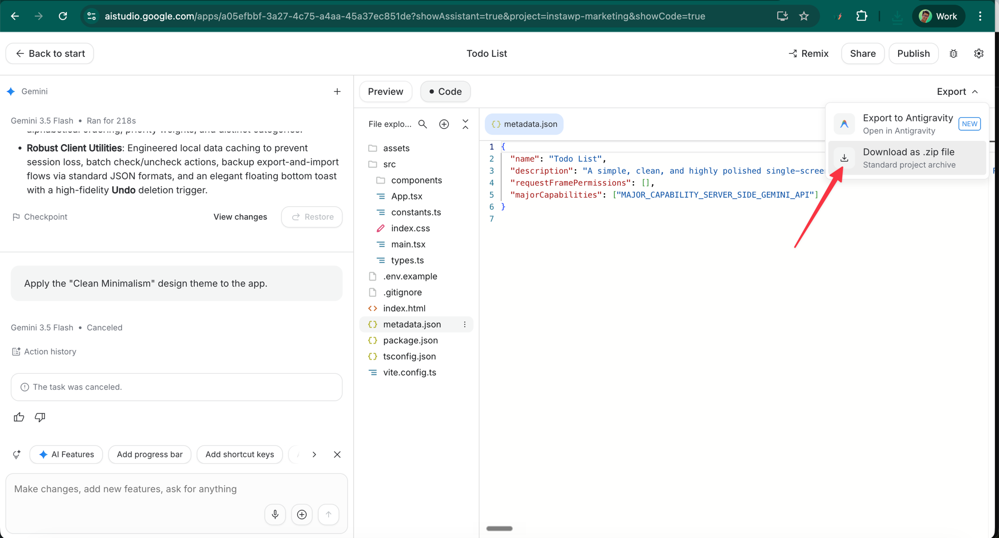 Google AI Studio Code panel with the Export menu open, showing the "Download as .zip file" option