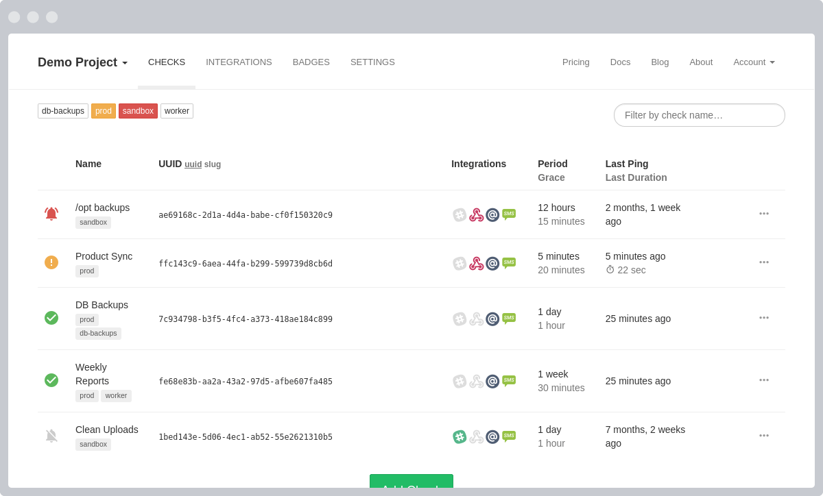 Healthchecks My Checks page listing cron and backup jobs with their status, last ping time, and expected schedule
