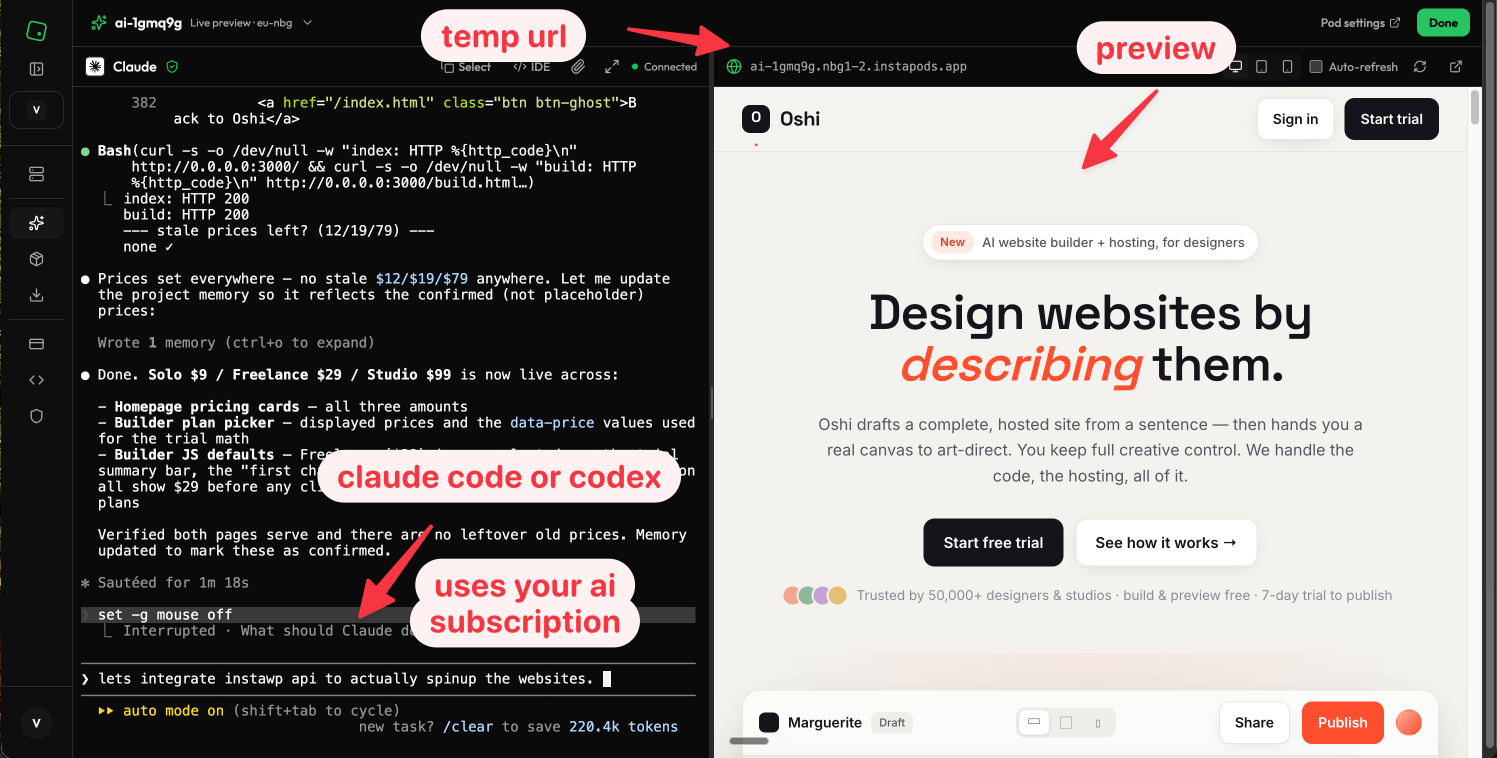 InstaPods AI builder: chat with Claude Code or Codex on the left, live preview on the right